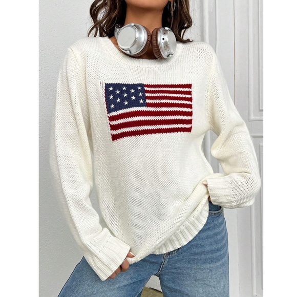 American Flag Knit Off White Pullover Sweater Crew Neck Long Sleeve - Picture 1 of 16